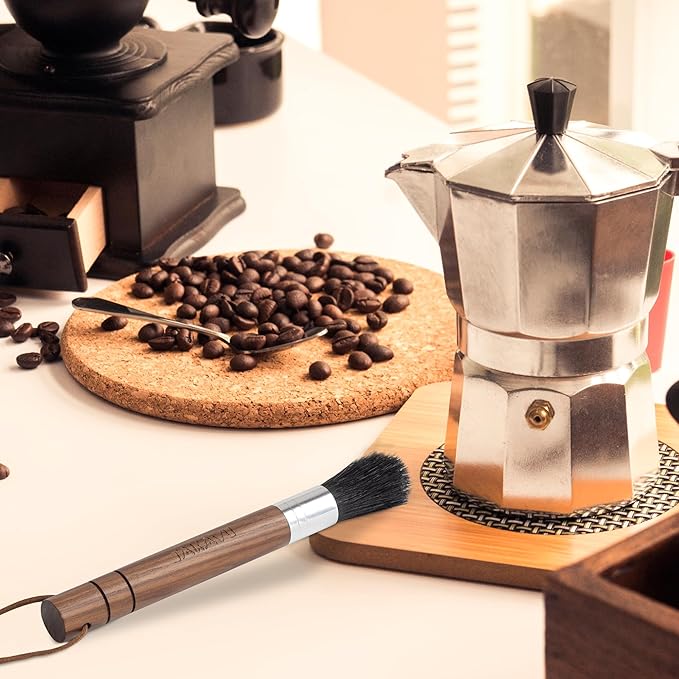 Takavu Coffee Grinder Cleaning Brush, Barista Brush with Black Boar Bristle, Espresso Machine Cleaner Tool, Brista Dusting Accessories Used on Group Heads, Shower Screen, Portafilter, Scoop, Tamper