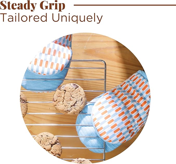 Folkulture Mini Oven Mitts Heat Resistant & Non Slip | (5.75 x 9) Set of 2 Blue Short Oven Mitts with Hanging Loop for Kitchen Decor | 100% Cotton Oven Gloves or Orange Kitchen Mittens Set