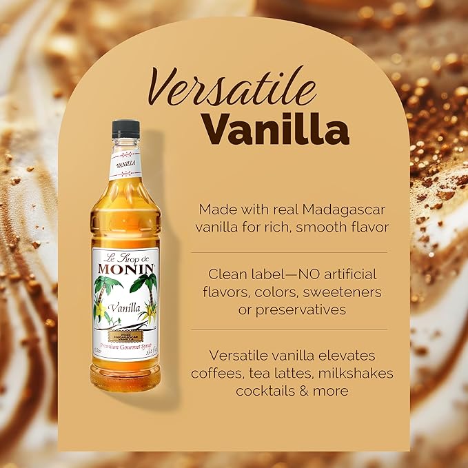 Monin - Vanilla Syrup, Versatile Flavor, Great for Coffee, Shakes, and Cocktails, Gluten-Free, Non-GMO (1 Liter)