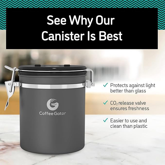 Coffee Gator Coffee Canister - 22oz, Airtight Stainless Steel Kitchen Food Storage Container with Date Tracker, Scoop for Grounds Coffee Bar Accessories, Beans, Tea, Sugar, Flour, Cereal - Silver