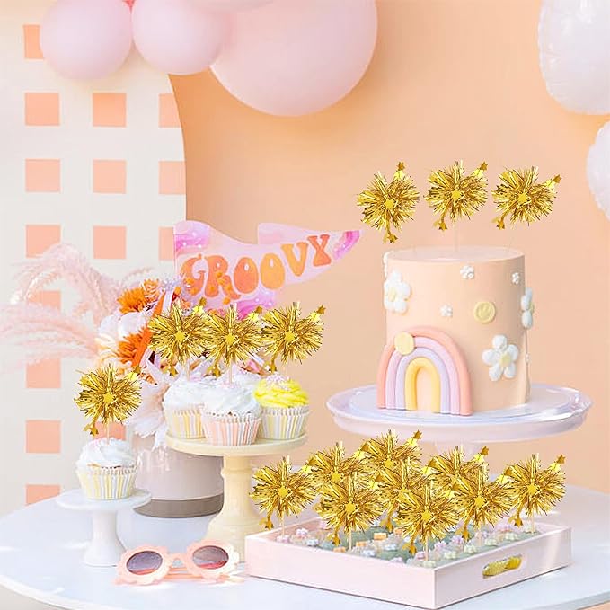 30 PCS Foil Firework Cupcake Toppers Star Cupcake Picks Sparkle Tinsel Flower Drink Stirrers Cocktail Food Fruit Toothpicks for Baby Shower Wedding Birthday Party Cake Decorations Supplies Gold