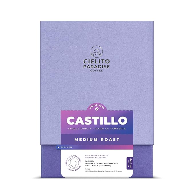 Cielito Paradise Castillo Coffee - Medium Roast Whole Bean from Huila Colombia, Silky with Milk Chocolate, Panela, Cinnamon & Orange, 12oz