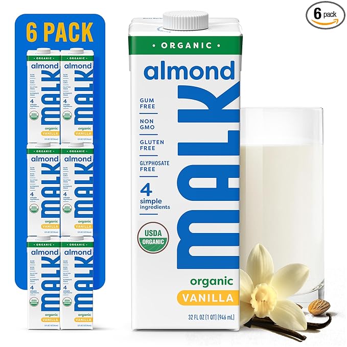 MALK Almond Milk Unsweetened Vanilla (32oz, Pack of 6) - Shelf Stable Organic Almond Milk Vanilla, Non GMO, Whole 30, Dairy Free, Vegan, Plant Based, No Gums or Fillers - Lattes Cereal Coffee Creamer