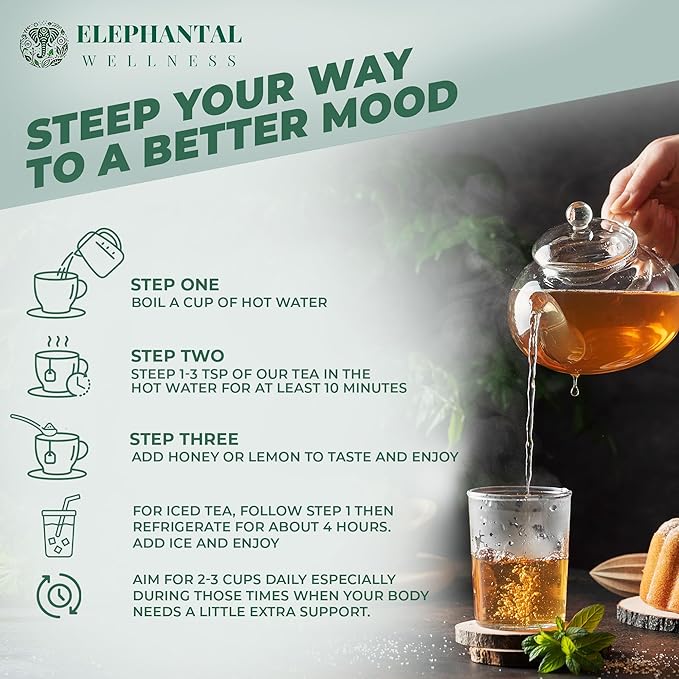 Elephantal Wellness Premium Joy Herbal Tea | Mood & Emotional Balance Support with St. John’s Wort, Kava, Ginkgo & Lavender | Handmade, Non-GMO, Caffeine-Free Loose Leaf Blend, 2oz, 20 Servings