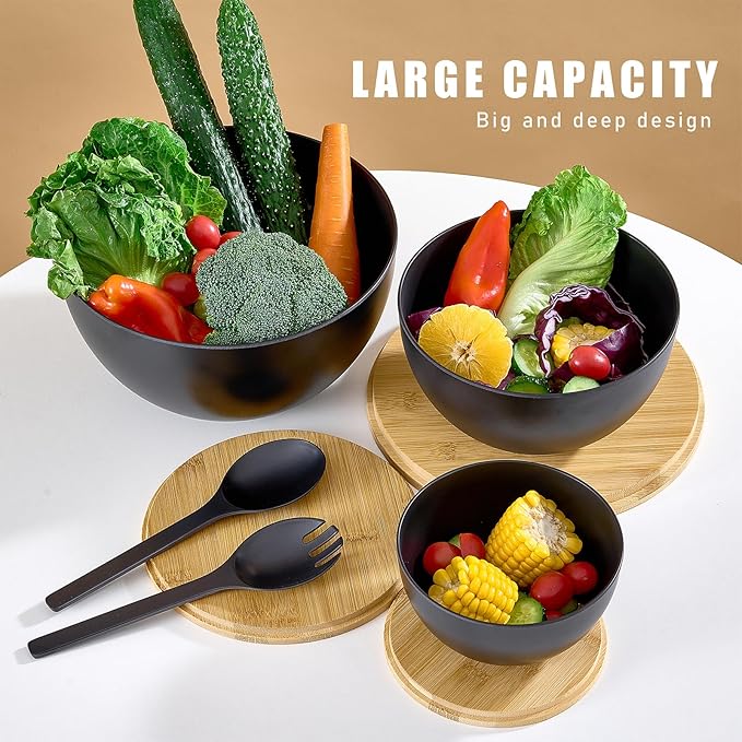Large Salad Bowls with Bamboo Lids Set of 3, Mixing Nesting Bowls Round Serving Bowls with Servers for Salads, Kitchen Eating, Pastas, Popcorn, Chips, Trifle, Fruit, Food Prepare (Black,10",8",6" )