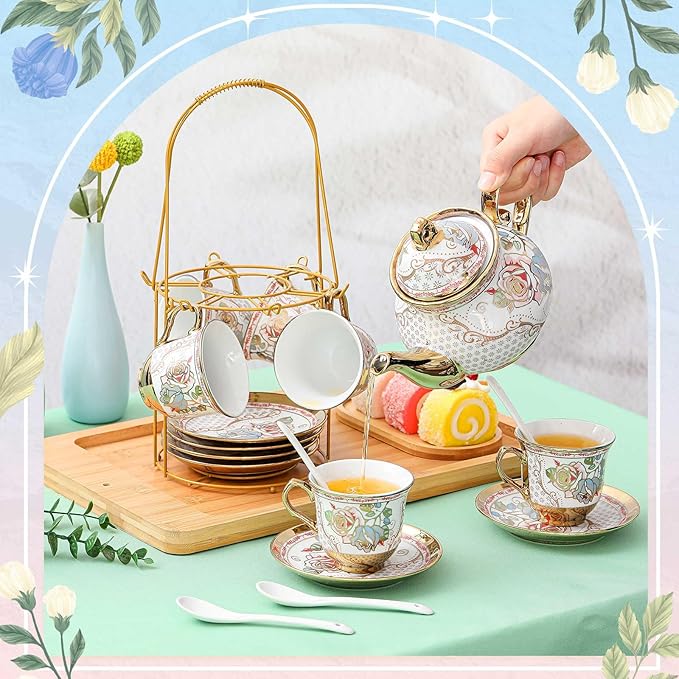 Zhehao 20 Pcs Porcelain Tea Set with Metal Holder and Spoon Adult Ceramic Tea Party Set European Flower Painting Teapot Cup Saucer Spoon Set for Women, Large Version(Minimalist Style)