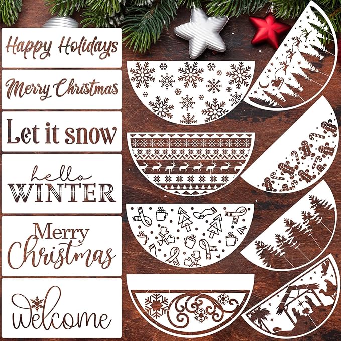 Christmas Stencils 12” Large Christmas Stencils for Crafts Reusable Christmas Stencil Holiday Drawing Templates for Door Hanger Porch Wreath Doormat Window Glass Decor(XMS Half R Stencil 03-14p)