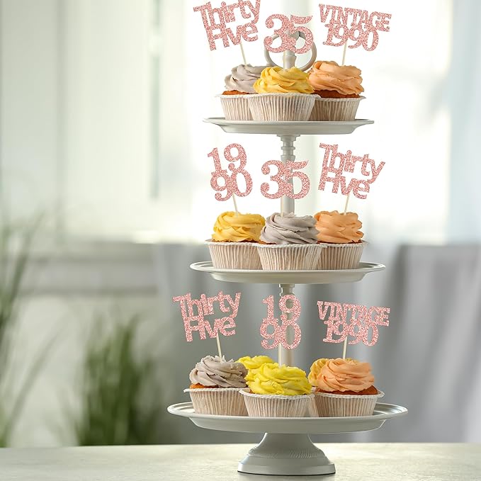 Gyufise 24Pcs Happy 35th Birthday Cupcake Toppers Glitter Thirty Five 35 Fabulous Vintage 1990 Cupcake Picks for 30th Birthday Wedding Anniversary Party Cake Decorations Supplies Rose Gold