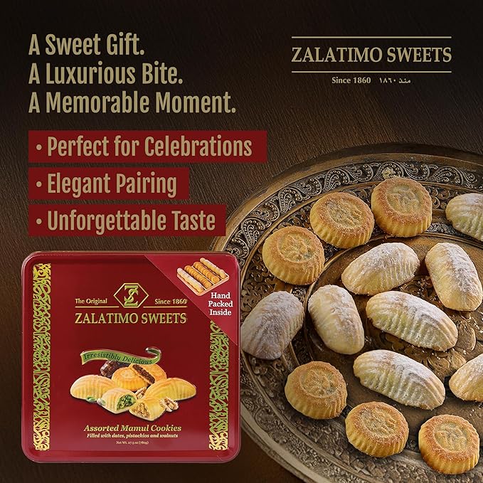 Zalatimo Sweets Since 1860, 100% All Natural Sesame & Butter Shortbread Cookies, Square Metal Gift Tin, Slightly Sweet Cookies with No Preservatives, No Additives, No Corn Starch, No Syrups! 1.4Lbs