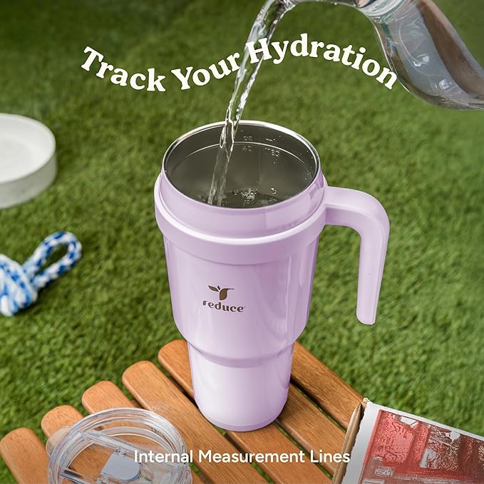 REDUCE Cold1 40 oz Tumbler with Handle - Vacuum Insulated Stainless Steel Water Bottle for Home, Office or Car, Reusable Mug with Straw or Leakproof Flip Lid, Keeps Drinks Cold All Day- Gloss Cotton