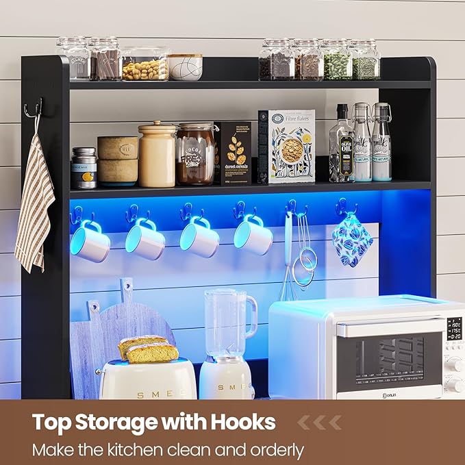 Itaar 35.4 inch Coffee Bar Cabinet, Bakers Rack with Power Outlet and Storage, Farmhouse Microwave Stand Kitchen Cabinet with Hutch, LED Lights, Wine Glass Holder and 8 Hooks, Black