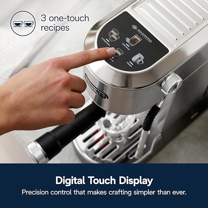 De'Longhi Dedica Duo Compact Espresso Machine - Cold Brew Coffee Maker with Milk Frother Wand- for Espresso, Hot & Iced Coffee, Cappuccinos, Lattes & Home Barista Brewing, Stainless Steel