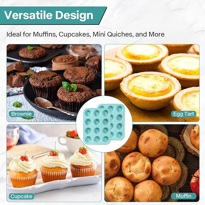 2-Pack Blue 12-Cup Non-Stick Muffin Pan | Healthy Baking | Easy Cleaning Muffin Tin | Durable & Versatile Muffin Cup | Perfect for Mini Cupcakes (Blue)