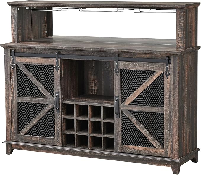 OKD Farmhouse Coffee Bar Cabinet with LED Lights, 55" Wine Bar w/Sliding Barn Door & Wine and Glass Rack, Kitchen Buffet Cabinet w/Storage Shelves for Dining Room,Dark Rustic Oak
