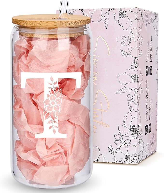 Personalized Gifts for Women, Monogrammed Glass Cups with Lids and Straws, Custom Tumbler, Cute Customized Mug, Aesthetic Stuff, Initial Iced Coffee Cup, Drinking Glasses, Birthday Teacher Gifts, T