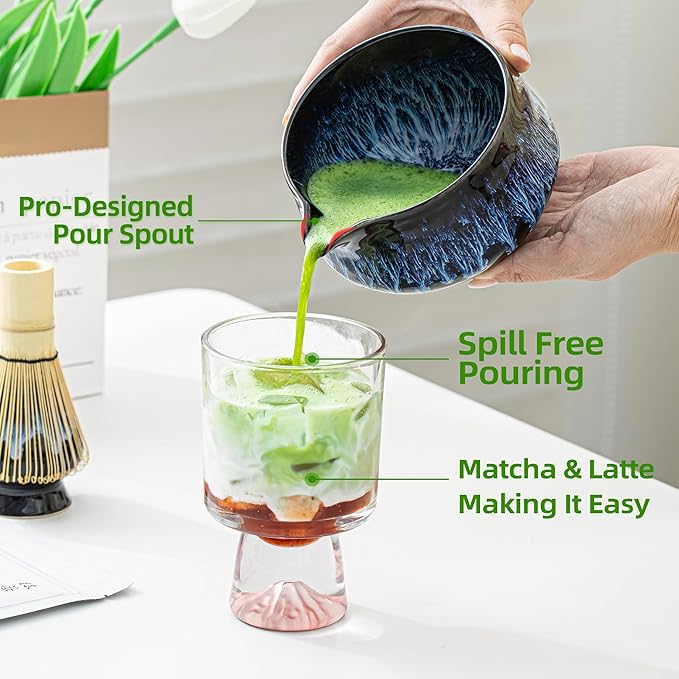 TEANAGOO 7 Pcs Matcha Whisk Set,Matcha Set for Ceremony,Matcha Kit Junware-Blue,Matcha Tea Set for Making Breakfast/Latte,Ceramic Bowl(chawan) whith Spout and Whisk,Gift for Matcha Lover