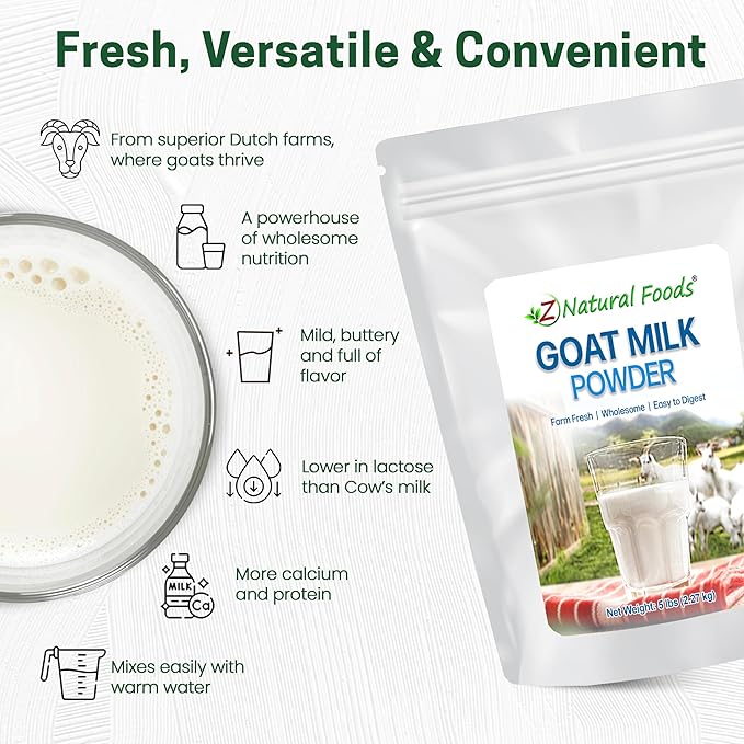 Z Natural Foods Goat Milk Powder - Pure Netherlands Full Cream Milk, Powdered Goat Milk, Highly Nutritious, Easy Digestion - Whole Goats Milk for Adults for Smoothies, Cooking, Baking, 5 lbs