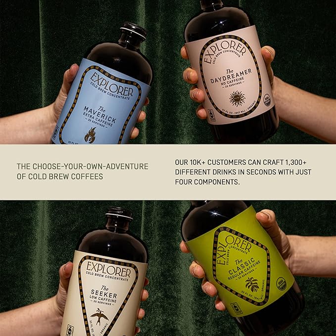 Explorer Cold Brew Organic Liquid Coffee Concentrate, Seeker Low Caffeine, Drink Iced or Hot, 32 fl oz, Makes 20+ Cups