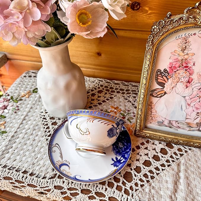 ACMLIFE Bone China Tea Sets, Blue and Gold Tea Set for Adults Porcelain Tea Cup Set, Cup and Saucer Set Vintage Floral for Women Party or Christmas Gifts Giving (china blue)