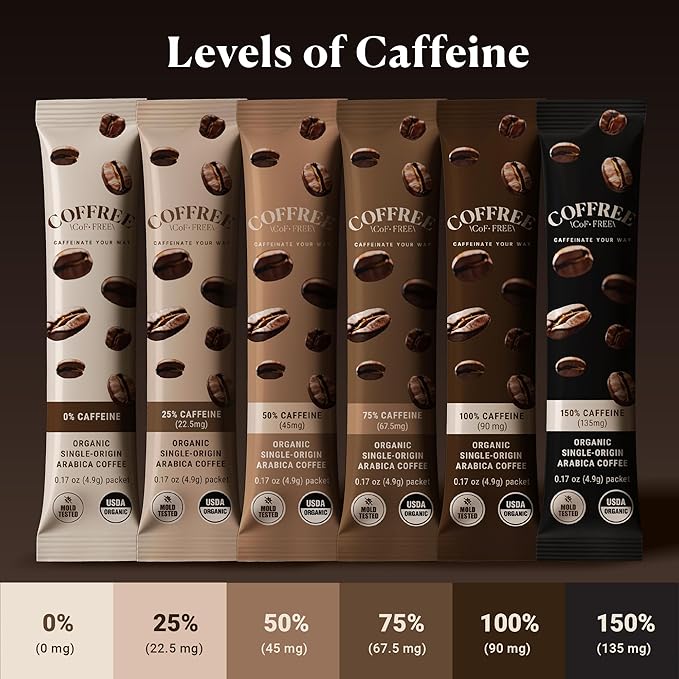 COFFREE Organic Instant Coffee Packets - 50% Half Caff Low Acid, Mold Free Coffee Made with Arabica Coffee Beans - Rich & Smooth Taste - Hot or Cold Single Serve Travel Packets 24 Pack Box