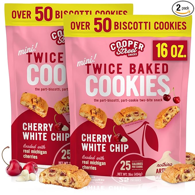 Cooper Street Twice-Baked Cherry White Chip Biscotti Cookies (16 oz Pack of 2) – Over 50 Biscotti Cookies per Bag Loaded with Real Fruit, Traditional Italian Style Snacks - Dairy, Peanut & Soy Free