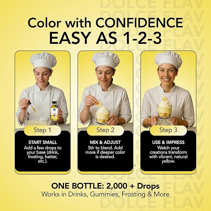 Dolce Flav Natural Yellow Food Coloring – 2 oz Bright Plant-Based Color from Curcumin | Water-Soluble Liquid Color for Baking, Drinks & Frostings | Graduated Dropper Included | | Kosher | No Artificial Dyes | Made in USA