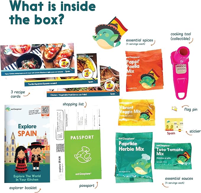 eat2explore Cooking Kits for Kids – Interactive & Educational Kids Cooking Sets Real for Ages 5 and Up,3 Recipe Cards & Global Ingredients – Fun Gift for Young Chefs (Spain Edition)