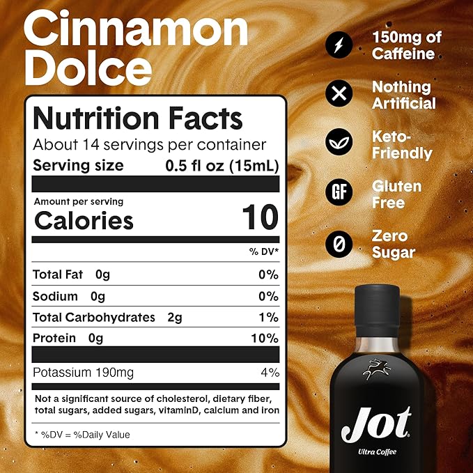 Jot Coffee Concentrate (Cinnamon Dolce) High Caffeine Cold Brew Coffee Concentrate Liquid for Iced Coffees, Instant Espresso, Hot or Cold Instant Coffees - Makes 14 Cups, 150mg Caffeine/Tbsp, No Sugar