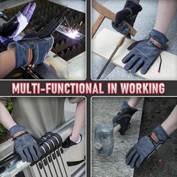 YESWELDER Leather Work Gloves for Men or Women，Suitable for welding | gardening |construction etc. Cowhide leather with cotton lining, wrist closure, grippy and durable.Reinforced palm,Black-gray L