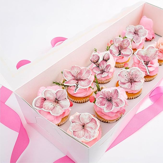 Ephlyn 50Pcs Edible Flowers Cake Topper Cupcake Toppers Wedding Themed Party Baby Shower Birthday Party Cupcake Picks Anniversary Party Decorations Supplies Pink