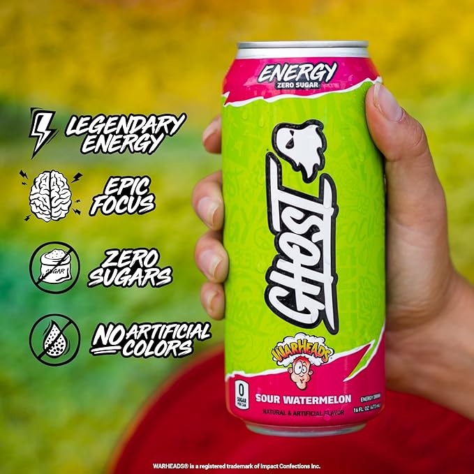 GHOST Energy Drink - 12-Pack, Warheads Sour Watermelon, 16oz - Energy & Focus & No Artificial Colors - 200mg of Natural Caffeine, L-Carnitine & Taurine - Gluten-Free & Vegan