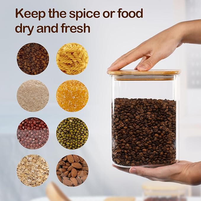122oz Airtight Glass Square Storage Canister with Bamboo Lid Set of 1 (3600ml) Gallon Glass Jars Large Kitchen Canister for Sugar, Flour, Cookies and Coffee beans (‎with Black Lable)