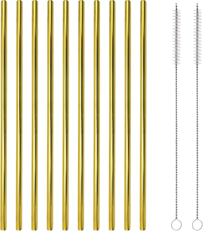 10 Pcs Stainless Steel Straws, Reusable Drinking Straws, Straight Metal Straw Sets with 2 Pcs Cleaning Brushes (10.5 Inch, Gold)