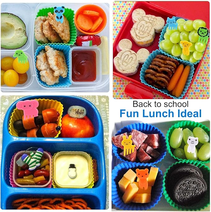 XANGNIER 60 Pcs Silicone Lunch Box Dividers with Animal Food Picks,Reusable Lunch Bento Box Accessories for Kids,Lunchbox Supplies Accessories,Back to School Lunch Essentials,Silicone Cupcake Liners