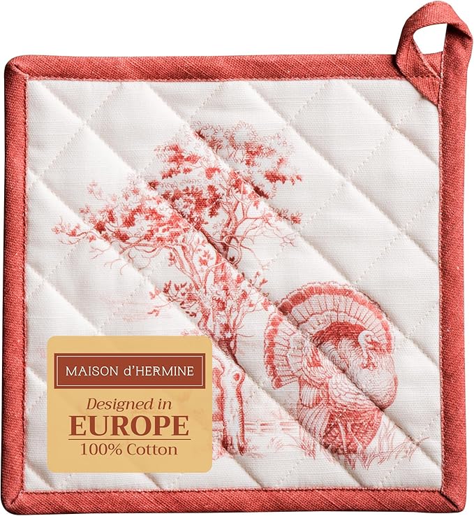 Maison d' Hermine Pot Holders 100% Cotton Heat Resistant Potholders 8" x 8" Hot Pads with Loop BBQ, Cooking, Baking, Grilling, Kitchen, Handling Hot Pans (Pack of 1, Holy Jouy - Red)