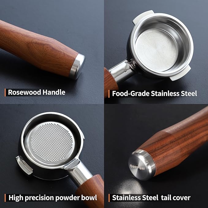 58mm Bottomless Portafilter | Fits for E61 Group Head 2 Ears machines| Stainless Steel portafilter and Rosewood Handle|Espresso Machine Accessories(Rosewood)
