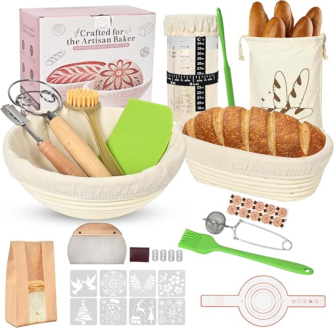 Sourdough Starter Kit, 9" Round & 10" Oval Banneton Bread Proofing Basket Set, Sourdough Starter Jar Glass, Complete Sourdough Bread Baking Supplies Making Tools Gifts for Bakers Women Mom