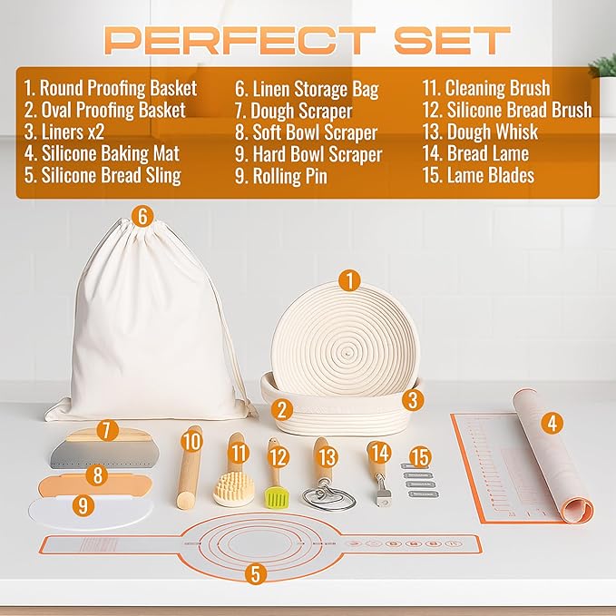 Banneton Bread Proofing Basket Set, 9" Round & 10" Oval Bread Baskets with Liners, Sourdough Starter Kit, Bread Making Tools, Natural Rattan Proofing Bowls for Home Bakers