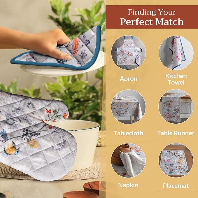 Maison d' Hermine 100% Cotton Oven Mitt & Pot Holder Set (7.5"x13" & 8"x8") Heat Resistant BBQ Cooking Gloves with Loop, Baking, Grilling, Kitchen, Handling Hot Pans (Equinoxe - Grey)