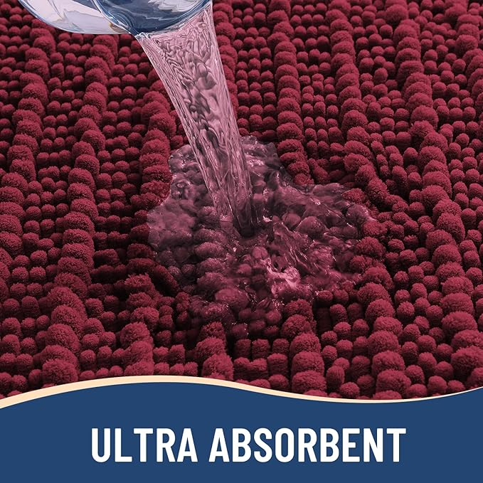 Arotive Luxury Chenille Bathroom Rug Mat, Extra Soft Thick Absorbent Shaggy Bath Rugs, Non-Slip Machine Wash Dry, Plush Bath Mats for Bathroom, Shower and Tub, 54x24, Burgundy