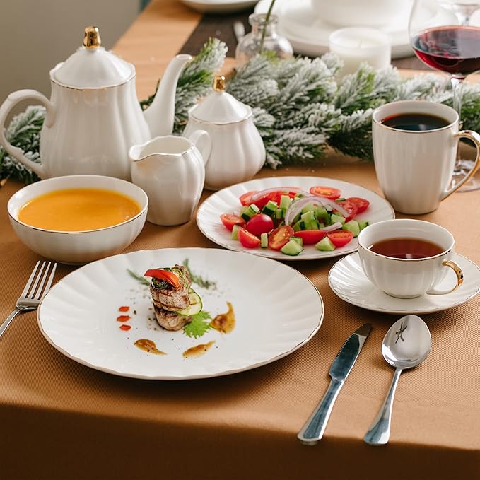 BTaT- White Tea Cups and Saucers Set of 6 (7 oz), Porcelain White Tea Cup Set with Golden Trim Design, Dishwasher Safe