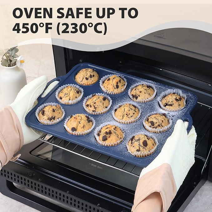2 Pack Silicone Muffin Pan 12 and 24 Cup with Metal Frame,Non Stick Silicone Mini Cupcake Pan with Handles, BPA Free Silicon Regular Muffin Tin Tray Small for baking, egg bites, Mold Grey