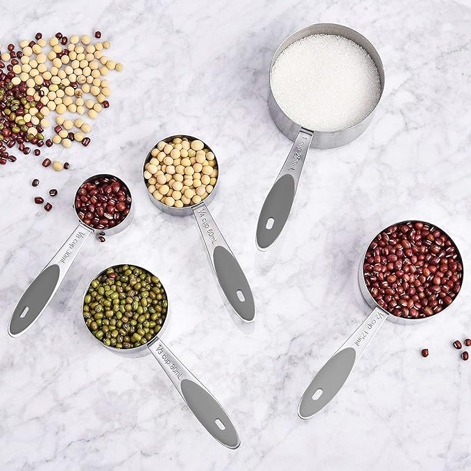 Measuring Cups & Spoons Set of 16, Wildone Stainless Steel Measuring Cups and Measuring Spoons with Gray Silicone Handle, Including 8 Nesting Cups, 8 Spoons, for Dry and Liquid Ingredient