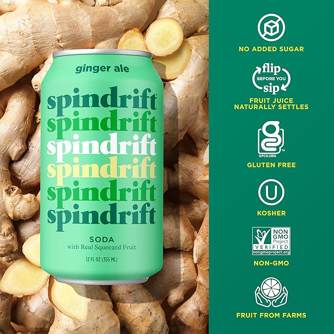 Spindrift Soda Ginger Ale Soda Made with Real Squeezed Fruit 12 Pack Case