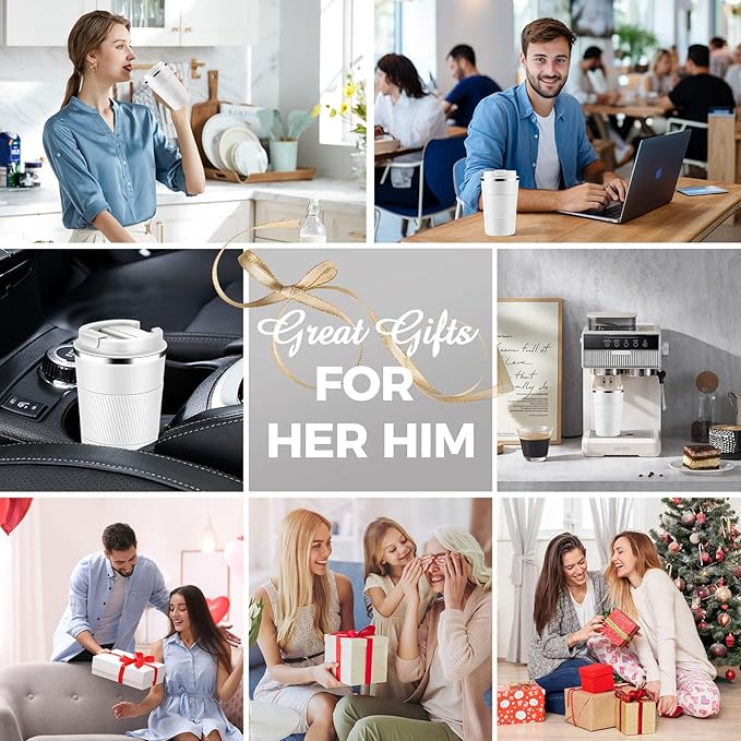 Volhoply 13 oz Stainless Steel Insulated Travel Coffee Mug with Fip Lid,Reusable Double Wall Vacuum Metal Coffee Cup,Portable to Go Leak Proof Cafe Thermal Tumbler for Hot & Cold Drinks(White,1)