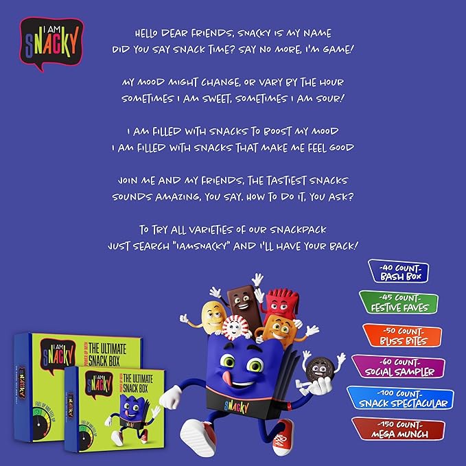 I AM Snacky - Thanksgiving Snack Box Variety Pack Care Package + Greeting Card - SNACKY'S FESTIVE FAVES (45 Count) Birthday Sweet Treats Gift Basket, Candies Chips Office Food Assortments