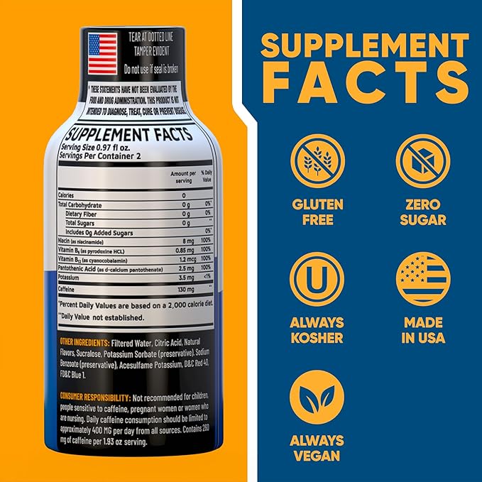 Blue Raspberry Extra Strength Energy Shot 12 pk – 260mg Natural Caffeine B12 B6 – Energy & Focus Support – 2 Servings Sugar Free Zero Calorie Green Tea B-Vitamins Electrolytes Vegan – 1.93 fl oz