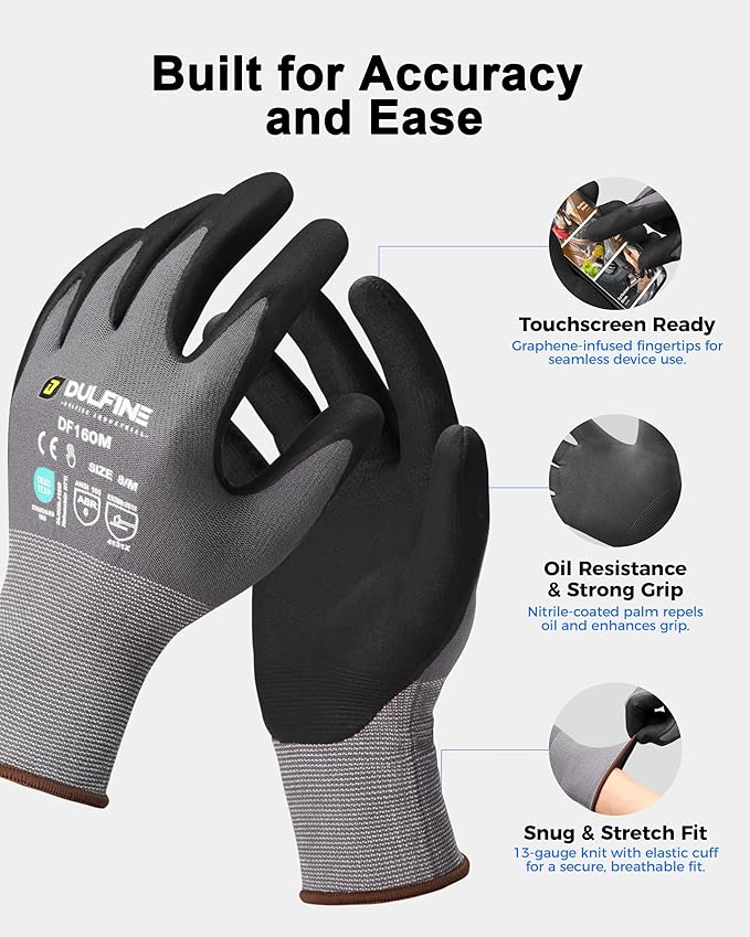 DULFINE Safety Work Gloves MicroFoam Nitrile Coated-36 Pairs Pack,Seamless Knit Nylon Glove with Black Micro-Foam Nitrile Grip,Ideal for General Purpose,Automotive,Home Improvement,Painting(Medium)