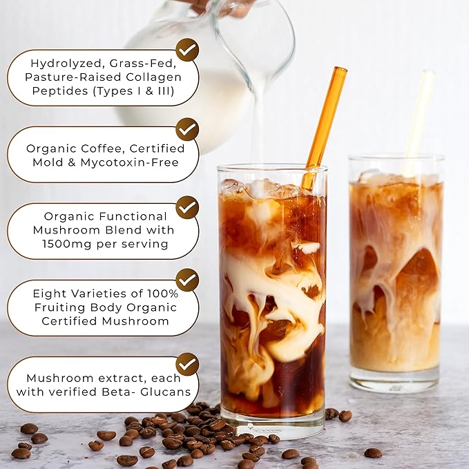 PowderVitamin Organic Mushroom Coffee Certified Mold & Mycotoxin-Free GrassFed Collagen Types I & III 8 Fruiting Body Mushrooms Tested for Beta-Glucans Focus Energy Digestion & Immunity 30 Servings