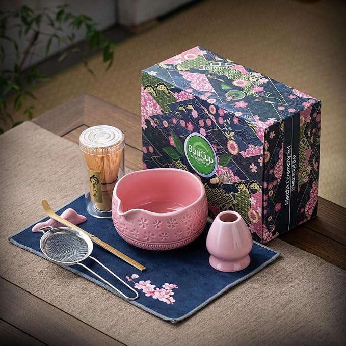 Matcha Whisk Set, Ceramic Matcha Set Includes Matcha Bowl, Matcha Whisk and Holder, Bamboo Scoop, Scoop Rest, Sifter and Tea Towel - 7 Pcs Matcha Kit for Matcha Lovers (Pink)